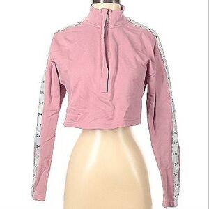304 Cotton Cropped Pink Pullover Logo Printed White Stripe Sleeve High Collar XS